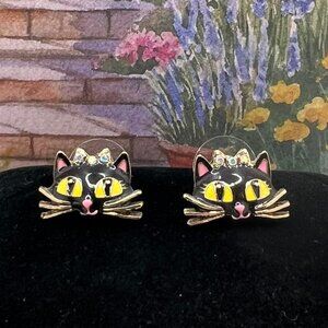 Betsey Johnson Black Cat Stud Earrings